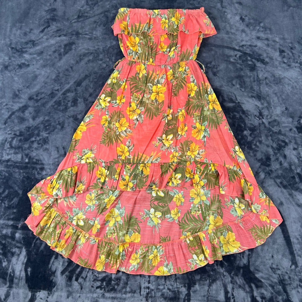 New Look High Low Maxi Dress Womens Small Coral Tropical Floral Strapless Ruffle
